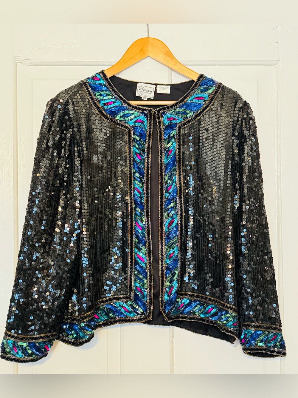 Vintage Sequin Embellished Black Jacket with Blue and Multicolored Accents